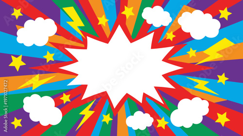 Vibrant comic book style background with a central starburst, colorful rays, stars, clouds, and lightning bolts, evoking pop art energy and excitement.