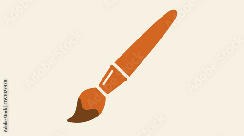 Simple graphic illustration of an orange paint brush with brown bristles and a touch of dark paint on a light beige background.