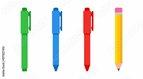 Four colorful writing instruments including green, blue, and red pens, and a yellow pencil with an eraser, lined up on a white background.