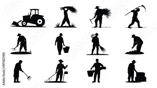 Farmers working in fields with tractor harvesting crops and using tools agricultural laborer silhouettes