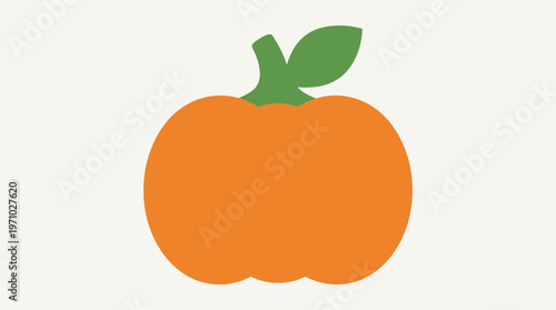 Simple flat illustration of a vibrant orange pumpkin with a green stem and leaf on a light background.