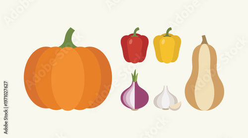 A vibrant collection of fresh, colorful vegetables including pumpkin, bell peppers, onion, garlic, and butternut squash on a light background.