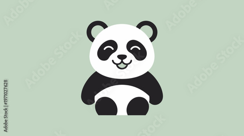 A cute, happy cartoon panda illustration sitting on a light green background.
