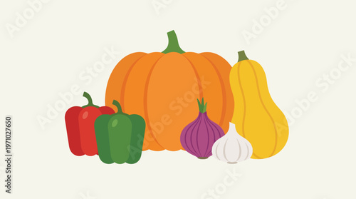 A vibrant collection of fresh, healthy vegetables including pumpkin, squash, peppers, onion, and garlic on a light background.