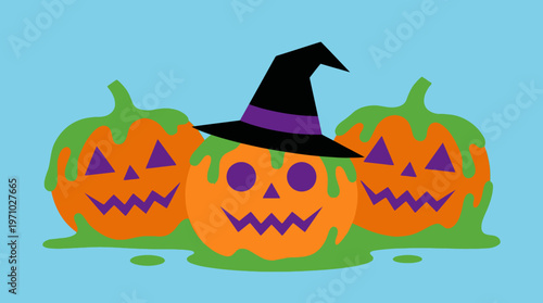 Three spooky Halloween pumpkins covered in green slime, with one wearing a witch's hat, set against a light blue background.