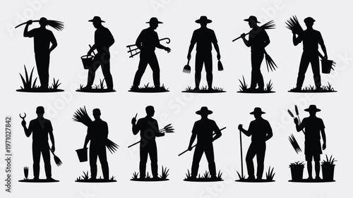Farmers working in field with various tools silhouettes of people gardening and carrying plants black icons on white background