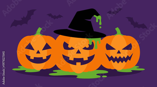 Three spooky jack-o'-lanterns with green slime and a witch's hat, surrounded by bats on a purple Halloween night.