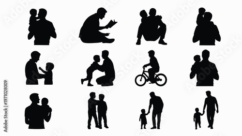 Black silhouettes of parents and children family moments love care and bonding in various everyday scenes and activities