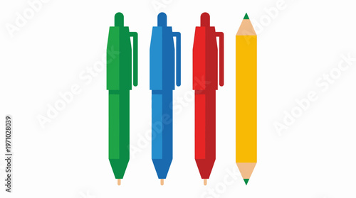 Three colorful ballpoint pens in green, blue, and red, alongside a yellow wooden pencil with a green tip, standing upright on a white background.
