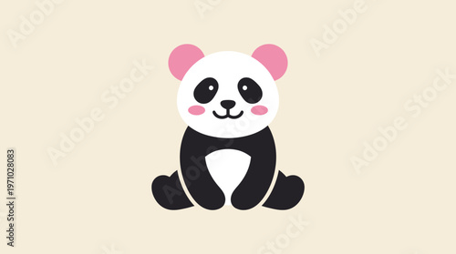 Cute cartoon baby panda sitting with pink ears and rosy cheeks on a plain background, a charming illustration.