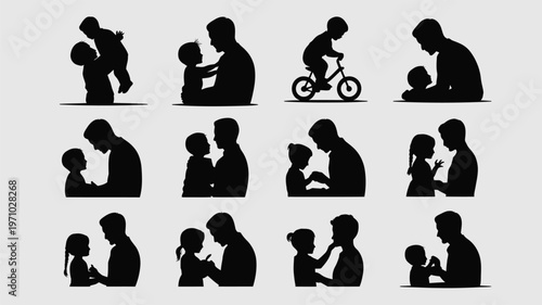 Silhouette of father and child in various tender moments and playful activities