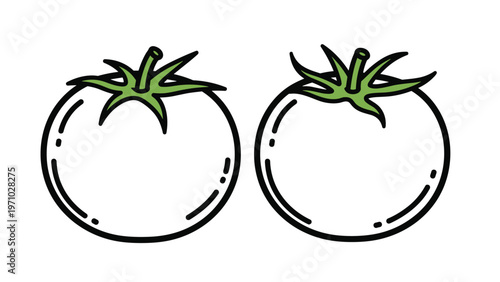 Pair of identical tomato outlines with green stems are shown in a simple black and white line art style on a white background illustration.