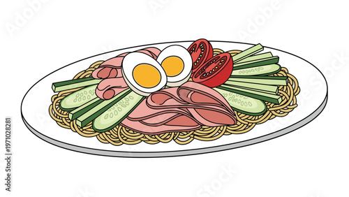 Plate of cold noodles is generously topped with sliced ham, hard boiled eggs, fresh cucumber strips, and tomato halves on white background.