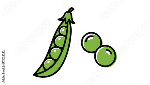 Green pea pod is partially open to reveal round seeds inside with two extra peas sitting nearby on a clean white background illustration.