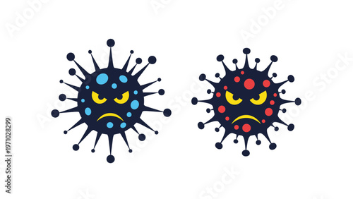 Two stylized virus characters with angry facial expressions are colored in blue and red with yellow eyes on a white background illustration.
