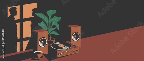 Retro music background, banner, retro room with a music player and a ficus tree, cover