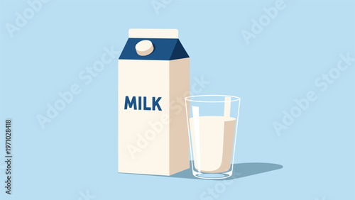 Simple illustration of a milk carton and a glass filled with fresh white milk is set against a light blue background for dairy product themes.