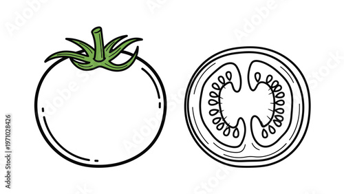 Line art illustration of a whole tomato and a sliced half shows seeds and internal structure, ideal for coloring books or simple food icons.