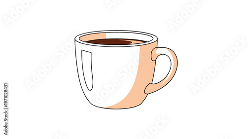 Hot cup of coffee or tea is depicted in a simple ceramic mug with a warm peach shadow, ideal for cafe menus or morning routine graphics.
