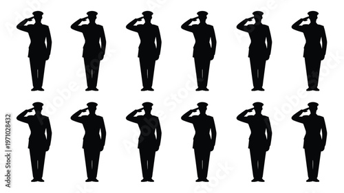 Soldiers in various saluting positions black silhouettes on white background military concept