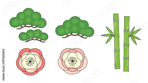 Traditional Japanese motifs including pine trees, bamboo stalks, and plum blossoms are arranged in a clean and colorful vector illustration.