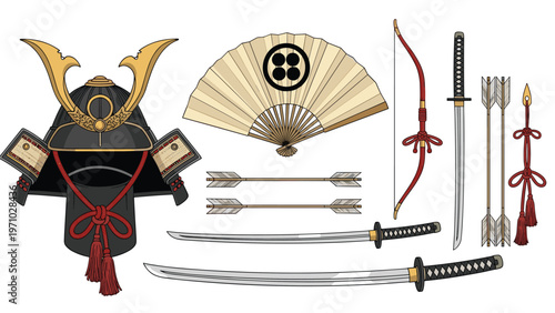 Set of traditional samurai equipment includes a kabuto helmet, folding fan, katana swords, and archery gear in a detailed vector illustration.