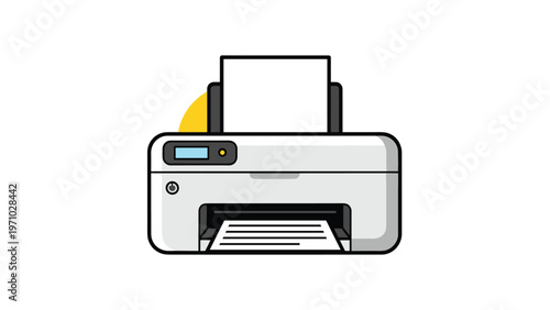 Modern office printer with a sheet of paper is shown in a clean vector style with a yellow circular accent, ideal for technology or business.