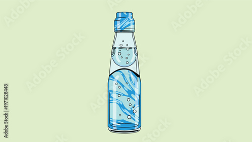 Iconic bottle of ramune soda is depicted with its unique shape and blue marble stopper against a soft green background for summer themes.