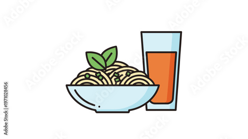 Simple icon shows a bowl of spaghetti with basil leaves next to a glass of orange juice, ideal for restaurant menus or food service designs.