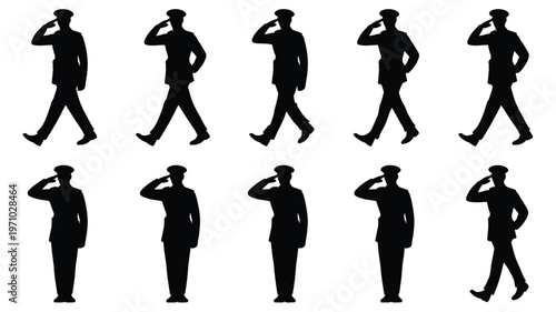 Silhouette of men in various walking and saluting poses black icons on white background business formal attire