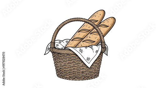Two crusty baguettes are placed inside a woven wicker basket lined with a checkered cloth, perfect for bakery or French cuisine illustrations.