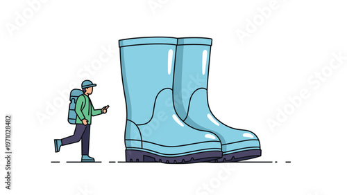 Tiny traveler carrying a backpack walks past a pair of giant blue rubber boots, creating a whimsical and surreal outdoor adventure scene.