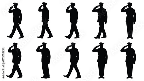 Soldiers in various marching and saluting poses in black silhouette on white background conveying respect and honor in military gesture
