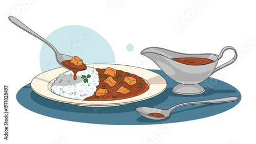 Plate of delicious Japanese curry rice is served with a stainless steel gravy boat and spoons, creating a classic comfort food illustration.