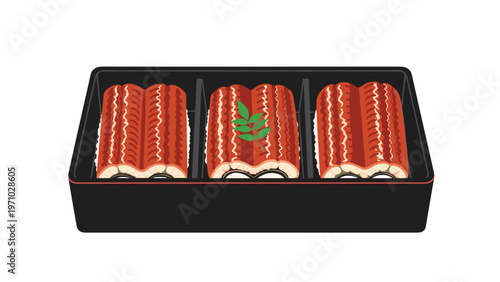 Traditional Japanese bento box contains three portions of grilled unagi eel over rice with a small green leaf garnish for a gourmet meal.