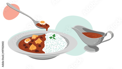 Plate of Japanese curry rice is shown with a spoon lifting a bite and a classic silver gravy boat filled with extra curry sauce nearby.