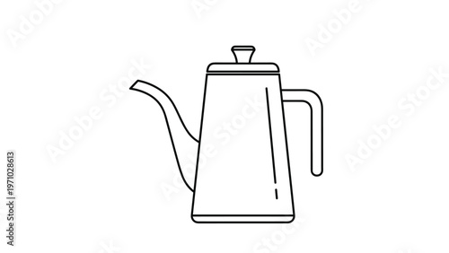Minimalist black and white line drawing of a sleek kettle with a long spout and handle is centered on a white background illustration art.