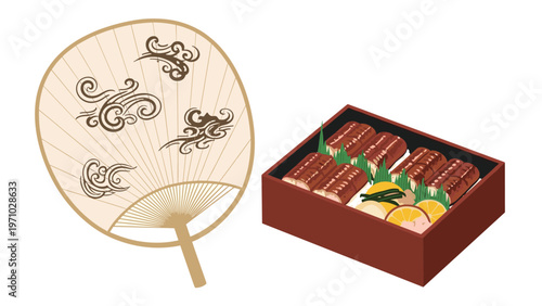 Box of grilled unagi eel over rice with garnishes is presented alongside a traditional paper fan with wave patterns on white background art.