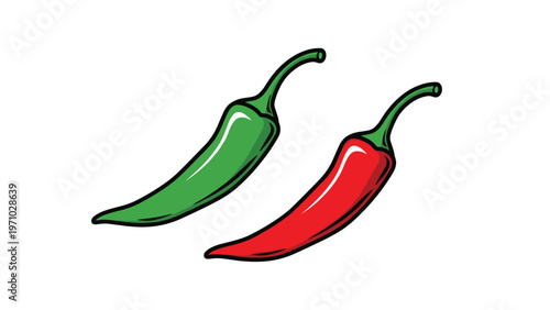 One green and one red chili pepper with curved stems are shown side by side in a simple vector illustration on a clean white background art.