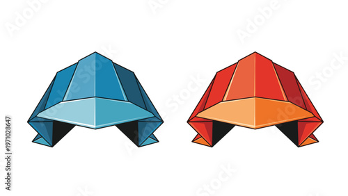 Traditional japanese origami samurai helmets are presented in blue and red colors on a white background for cultural study.