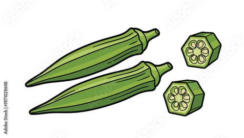 Fresh whole green okra pods are displayed alongside two cross-section slices showing internal seeds on a clean white background.