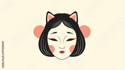 Artistic illustration of a female face with black hair and cat ears features subtle pink accents and a modern minimalist style.