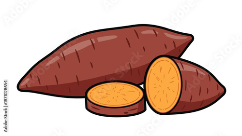 Whole sweet potato and two smaller cut sections showing the inner yellow flesh are arranged in a simple vector illustration on white background.