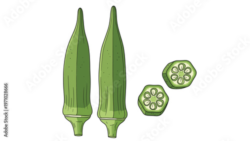 Pair of whole green okra pods stand vertically next to two sliced pieces showing the characteristic internal seed pattern.