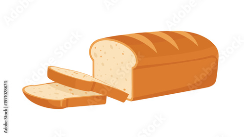Whole loaf of crusty brown bread is shown with two fresh slices resting beside it on a clean white background for food themes.