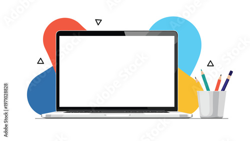 Laptop computer with a blank white screen is surrounded by colorful geometric shapes and a cup of colored pencils for design inspiration.