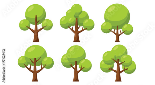 Six stylized trees depicted in a simple and organized layout