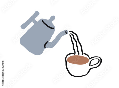 Pouring fresh brewed coffee from kettle into cup. Morning drink, americano in doodle sketch drawing style. Hot breakfast beverage, break. Dolce vita vector illustration isolated on white background