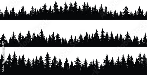 Forest silhouette borders set featuring dense pine and evergreen trees, black isolated vector landscape elements for nature backgrounds and design projects