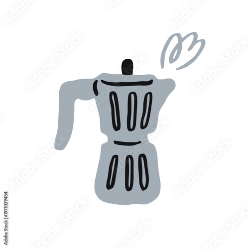 Moka pot, coffee maker. Metal coffeemaker with fresh espresso, hot mornng drink in Italian doodle style. Appliance for breakfast beverage brewing. Flat vector illustration isolated on white background